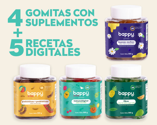 4 pack de gomitas con suplementos + 5 recetas digitales GRATIS